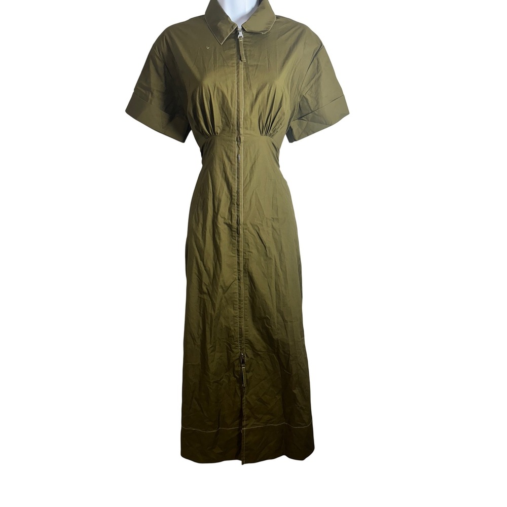 Olive Green Cotton Poplin Zip Front Utility Maxi Dress Short Sleeve Collared